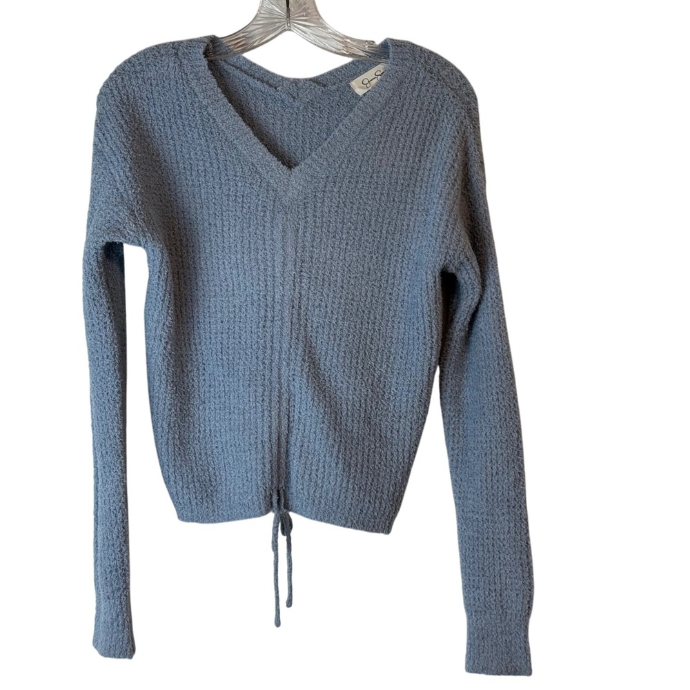 NWT Jessica Simpson Blue Cozy Chenille V Neck Drawstring Cropped Sweater Size‎ S